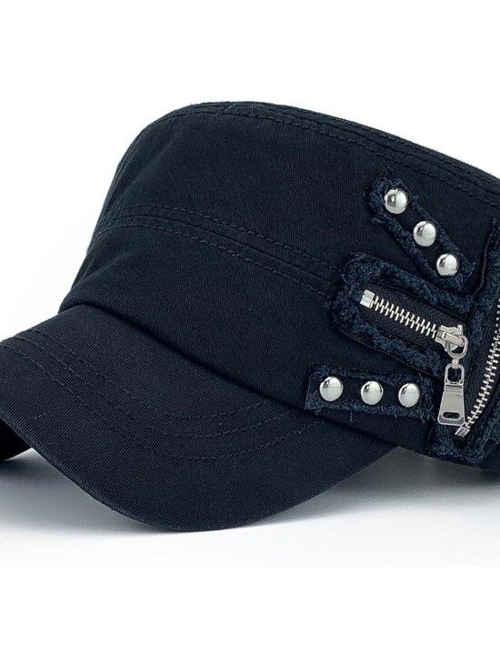 Accessories - Women Soft Washed Cotton Adjustable Flat Top Military Army Hat Cadet Cap Zip Stu